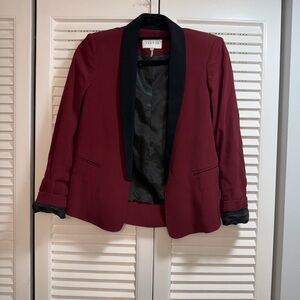 Sandro Elegant Burgundy Blazer with Black Satin Trim Size 36